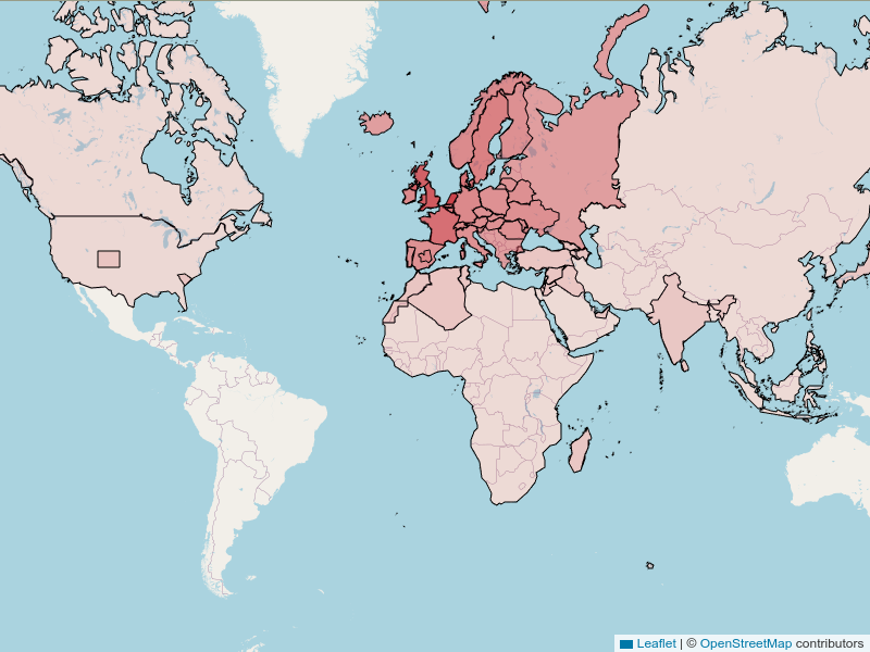 Map of the world with certain continents, countries, and lower divisions with black outlines and colored in various shades of red depending on the number of resources. Europe, especially western Europe is the darkest red.